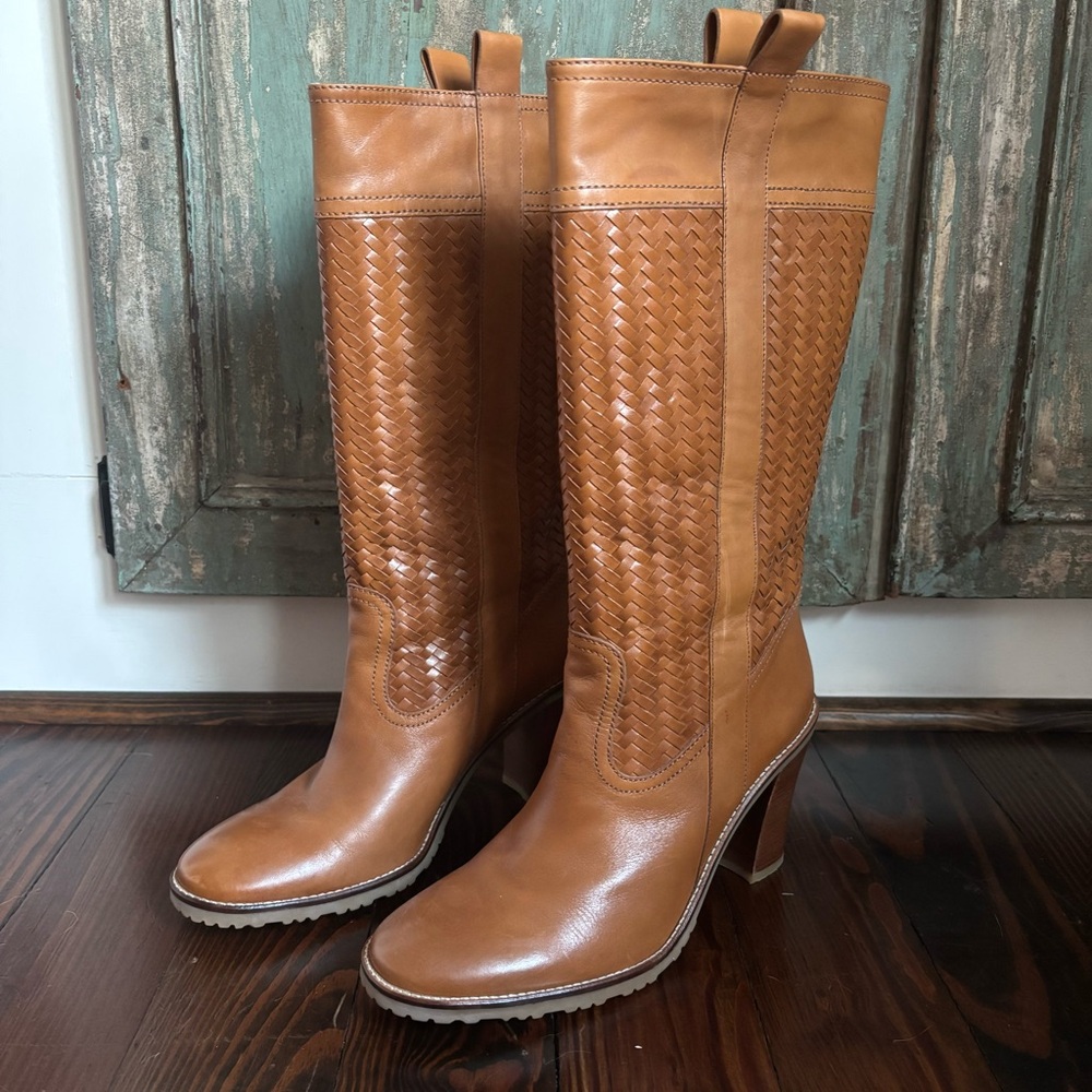 Cole Haan Camel Dallon Heeled Woven Braided Leather Pull In Boots, Sz 9, EUC